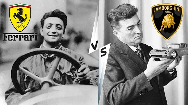 Enzo Ferrari e Ferruccio Lamborghini con i suoi loghi aziendali